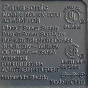 CARGADOR / ADAPTADOR DE FUENTE DE ALIMENTACION PANASONIC AC /  VCA-VCD NUMERO DE PARTE KX-TCA1 / E165832 / ENTRADA VCA 120V~ 60HZ 6W / SALIDA VCD 9V 350MA / MODELO KX-TCA1